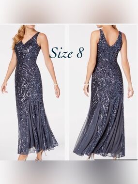 NWOT NightWay Gunmetal Long Formal Sequins Dress- size 8